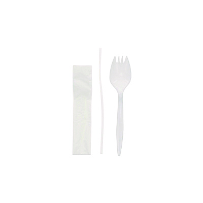 Pactiv Evergreen Fieldware Cutlery Kit, 5.5" Spork, 10 x 8 Napkin, Standard Straw, Mediumweight, White, 1,000/Carton (PCTFKQWSCHLCH)