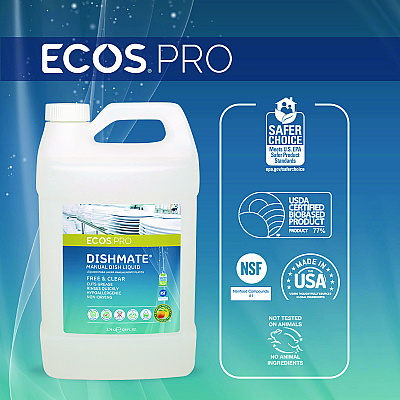 ECOS PRO Dishmate Manual Dish Liquid, Free and Clear, 1 gal Jug, 4/Carton (EOPPL972104CT)