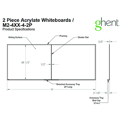 Ghent Two-Piece M2 Non-Magnetic Whiteboard with Aluminum Frame, 144.5" x 48.5", White Surface, Satin Aluminum Frame (GHEM241242P)