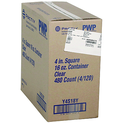 Pactiv Evergreen PET Square Container, 16 oz, 4 x 4 x 3, Clear, Plastic, 480/Carton (4S18Y)