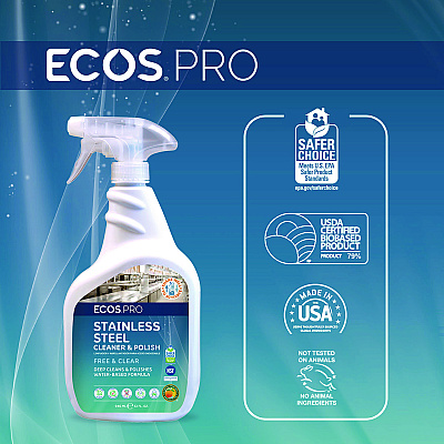 ECOS PRO Stainless Steel Cleaner and Polish, Free and Clear Scent, 32 oz Spray Bottle, 6/Carton (EOPPL93306CT)