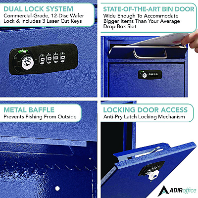 AdirOffice Large Secure Drop Box Wall Mounted Locking Mail Box with Key and Combination lock, 11.2 x 4.7 x 16.2, Blue (ALHI63104BLUKC)