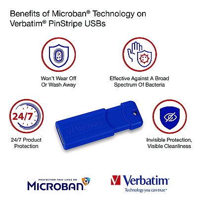 Verbatim PinStripe USB 3.2 Flash Drive, 32 GB, Blue/Red, 2/Pack (VER70056)