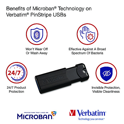 Verbatim PinStripe USB 3.2 Flash Drive, 16 GB, Black (VER49316)