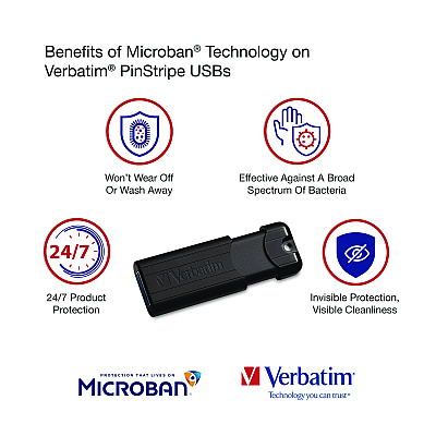 Verbatim PinStripe USB 3.2 Flash Drive, 256 GB, Black (VER49320)