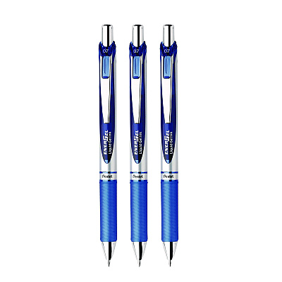 Pentel EnerGel RTX Gel Pen, Retractable, Medium 0.7 mm, Blue Ink, Blue/Silver Barrel, 3/Pack (PENBL77BP3C)