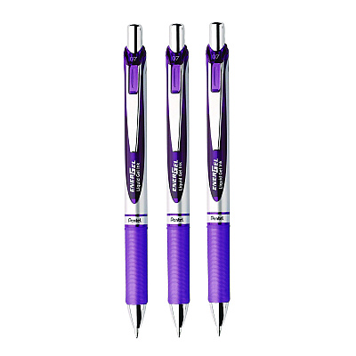 Pentel EnerGel RTX Deluxe Gel Pen, Retractable, Medium 0.7 mm, Purple Ink, Purple/Silver Barrel, 3/Pack (PENBL77BP3V)