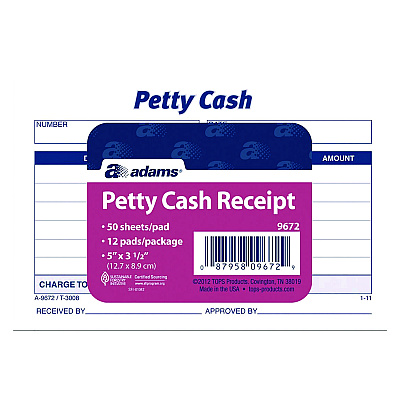 Adams Petty Cash Receipts, One-Part (No Copies), 5 x 3.5, 50 Receipts/Pad, 12 Pads/Pack (ABF9672ABF)