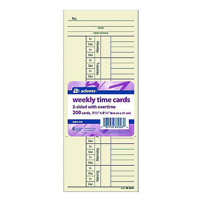 Adams Time Cards for Acroprint, Amano and Lathem Time Clocks, Two Sides, 3.4" x 8.25", 200/Pack (ABF9660200)
