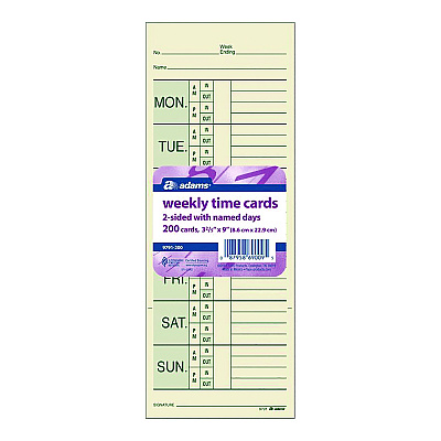 Adams Time Cards for Pyramid 1000 Time Clock, Two Sides, 3.38" x 9", 200/Pack (ABF9791200)