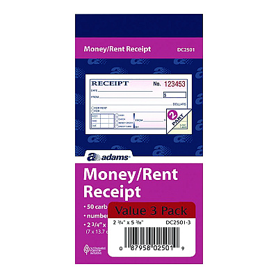 Adams Money/Rent Receipt Book, Two-Part Carbonless, 4.88 x 2.75, 50 Receipts/Book, 3 Books/Pack (ABFDC25013)