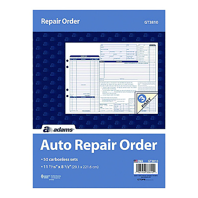 Adams Multipart Auto Repair Work Order Forms with Checklist for Routine Jobs, Three-Part Carbonless, 10.94 x 8.5, 50 Forms Total (ABFGT3810)