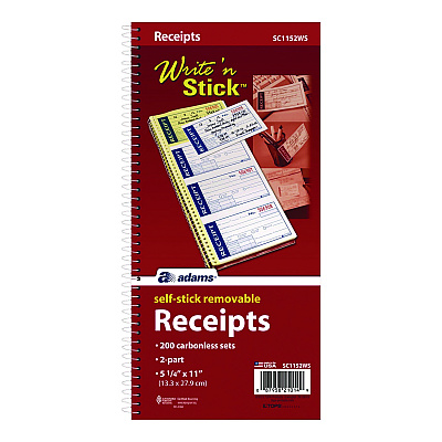 Adams Write 'n Stick Receipt Book, Two-Part Carbonless, 4.75 x 2.75, 4 Forms/Sheet, 200 Forms Total (ABFSC1152WS)