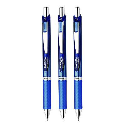 Pentel EnerGel RTX Deluxe Gel Pen, Retractable, Fine 0.5 mm, Blue Ink, Blue/Silver Barrel, 3/Pack (PENBLN75BP3C)
