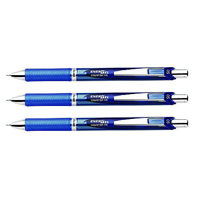 Pentel EnerGel RTX Deluxe Gel Pen, Retractable, Fine 0.5 mm, Blue Ink, Blue/Silver Barrel, 3/Pack (PENBLN75BP3C)