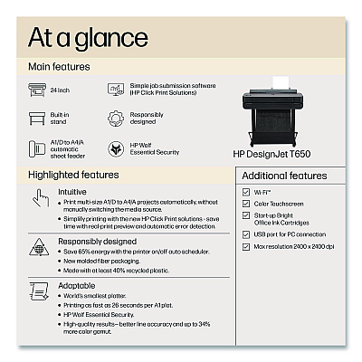 HP DesignJet T650 24" Printer with One-Year Warranty (5HB08W)