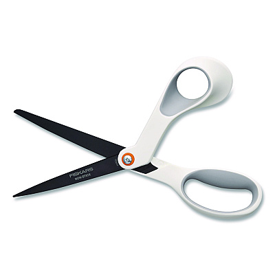 Fiskars Premier SoftGrip Nonstick Scissors, 9.75" Long, 8" Cut Length, Offset White Handle (1069764)