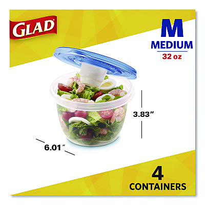 Glad To Go Lunch Containers, 2 Compartments, 32 oz, Plastic, 4/Pack (134347)