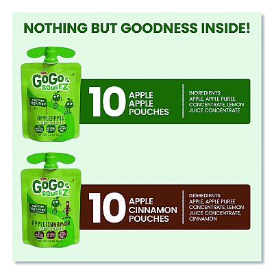 GoGo Squeez Fruit on the Go, (10) Apple/(10) Apple Cinnamon, 3.2 oz Pouch, 20/Box (24331019)