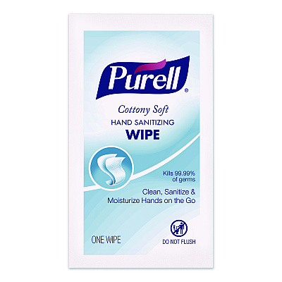 PURELL Cottony Soft Individually Wrapped Sanitizing Hand Wipes, 5 x 7, Herbal Scent, White, 480/Carton (902512)
