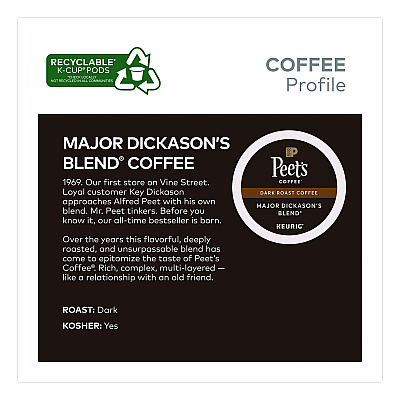 Peet's Coffee Major Dickason's Blend K-Cups, 0.44 oz, 40/Box (24306979)