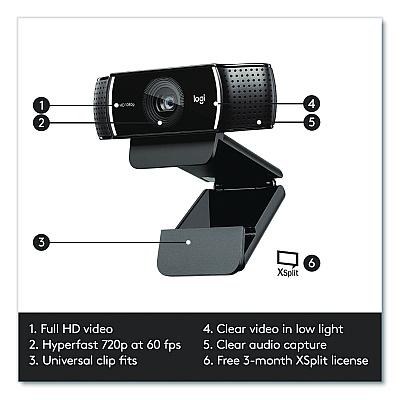 Logitech C922 Pro Stream Webcam, 1920 pixels x 1080 pixels, 3 Mpixels, Black (2843756)