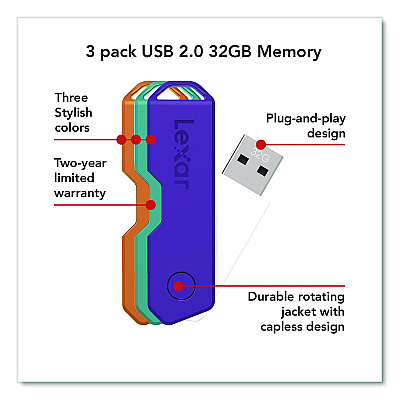 Lexar Twist Turn2 USB 2.0 Flash Drive, 32 GB, Orange/Purple/Teal, 3/Pack (24388082)
