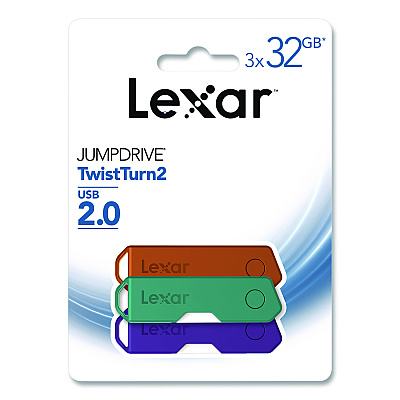 Lexar Twist Turn2 USB 2.0 Flash Drive, 32 GB, Orange/Purple/Teal, 3/Pack (24388082)