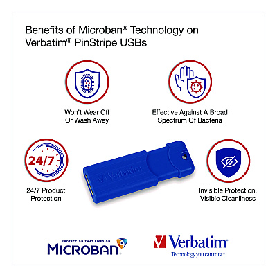 Verbatim PinStripe USB 3.0 Flash Drive, 16 GB, Assorted Colors, 5/Pack (70387)