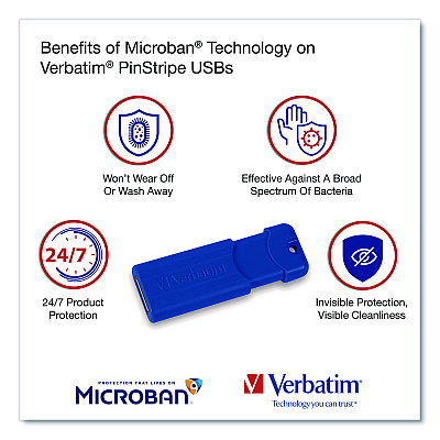 Verbatim PinStripe USB 3.2 Flash Drive, 64 GB, Assorted Colors, 5/Pack (70389)