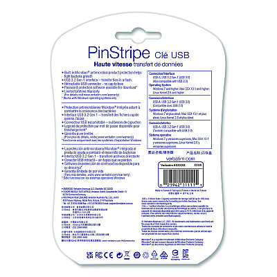 Verbatim PinStripe USB 3.0 Flash Drive, 128 GB, Blue/Green/Red, 3/Pack (70390)