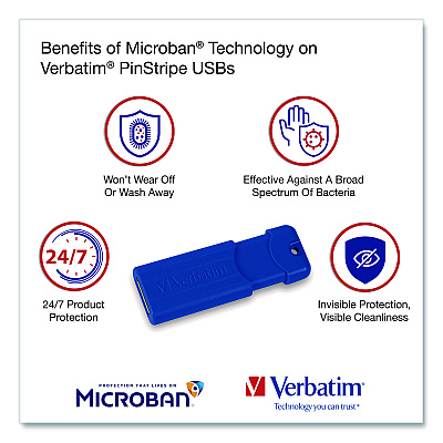 Verbatim PinStripe USB 3.0 Flash Drive, 128 GB, Blue/Green/Red, 3/Pack (70390)