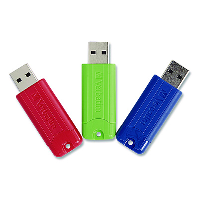 Verbatim PinStripe USB 3.0 Flash Drive, 128 GB, Blue/Green/Red, 3/Pack (70390)