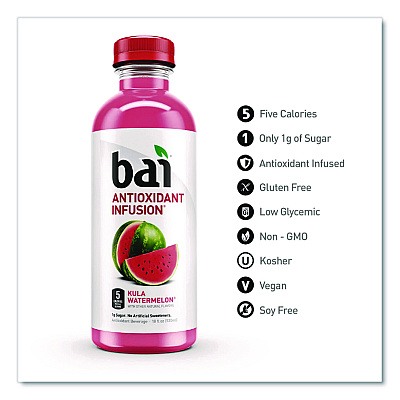 Bai Antioxidant Infused Beverage, Kula Watermelon 18 oz Bottle, 12/Carton (2712517)