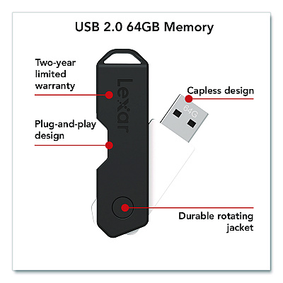 Lexar Twist Turn2 USB 2.0 Flash Drive, 64 GB, Black (24388079)