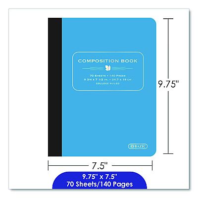 BAZIC Poly Cover Composition Books, Medium/College Rule, Randomly Assorted Cover Color, (70) 9.75 x 7 Sheets (5089)