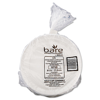 Solo Bare Eco-Forward Clay-Coated Paper Dinnerware, ProPlanet Seal, Plate, 8.5" dia, White, 125/Pack, 4 Packs/Carton (SCCMP9BR2054)