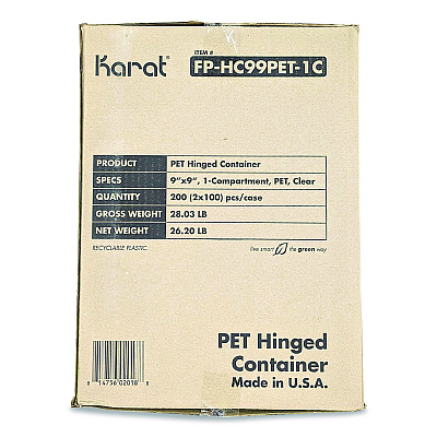 Karat PET Plastic Hinged Container, 9 x 9 x 3.6, Clear, Plastic, 100/Pack, 2 Packs/Carton (FPHC99PET1C)