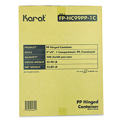 Karat Polypropylene Plastic Hinged Container, 9.35 x 9.22 x 3.17, Clear, Plastic, 50/Pack, 4 Packs/Carton (FPHC99PP1C)