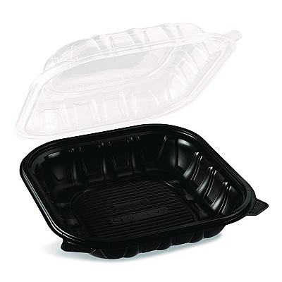 Karat Polypropylene Plastic Hinged Container, 9 x 9 x 3, Black/Clear, Plastic, 50/Pack, 3 Packs/Carton (FPPHC99PP1C)