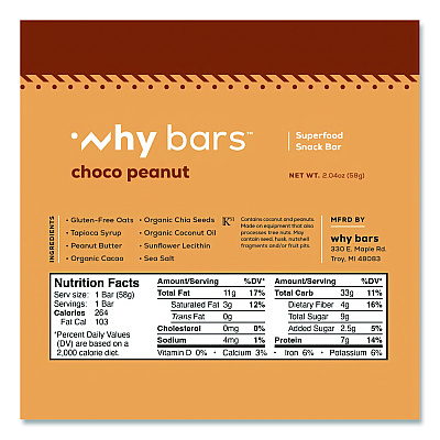 Why Bars Superfood Snack Bar, Choco Peanut, 2.04 oz Bar, 12/Box (WHY16204)