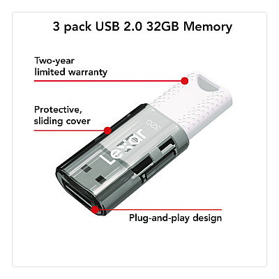 Lexar JumpDrive S60 USB 2.0 Flash Drive, 32 GB, Gray/White, 3/Pack (LJDS6032GB3N)