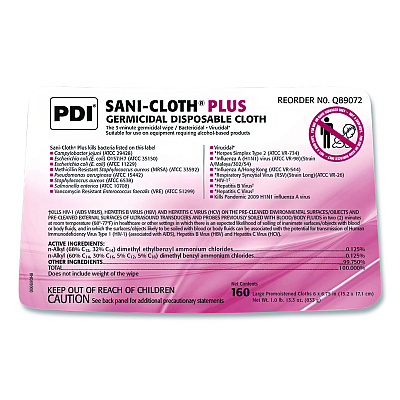 Sani Professional PDI San-Cloth Plus Germicidal Disposable Cloth, 6 x 6.75, Unscented, White, 160/Pack (Q89072PK)