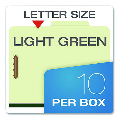 Pendaflex Reinforced Pressboard Classification Folders, 1.75" Expansion, 1 Divider, 4 Fasteners, Letter Size, Green Exterior, 10/Box (17172)