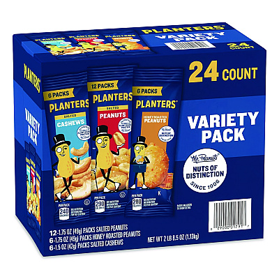 Planters Salted Nuts Variety Pack, Assorted Flavors, 1.5 oz/1.75 oz Packs, 24/Carton (884624)