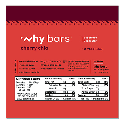 Why Bars Superfood Snack Bar, Cherry Chia, 2.04 oz Bar, 12/Box (WHY16205)