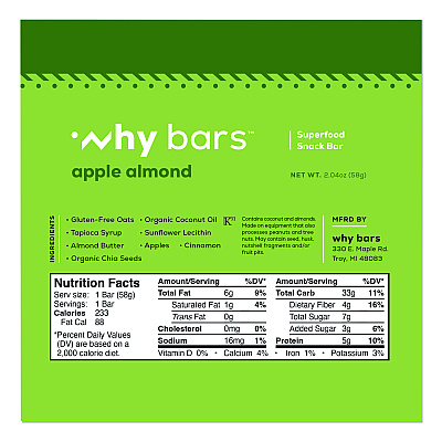 Why Bars Superfood Snack Bar, Apple Almond, 2.04 oz Bar, 12/Box (WHY16208)