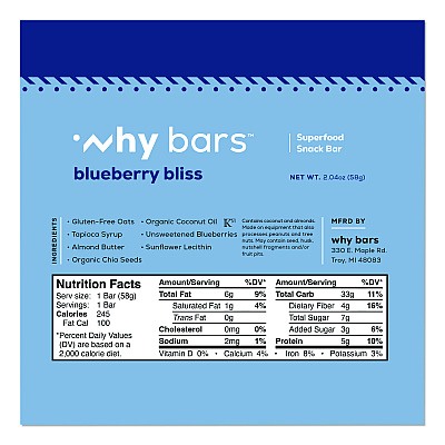 Why Bars Superfood Snack Bar, Blueberry Bliss, 2.04 oz Bar, 12/Box (WHY16209)