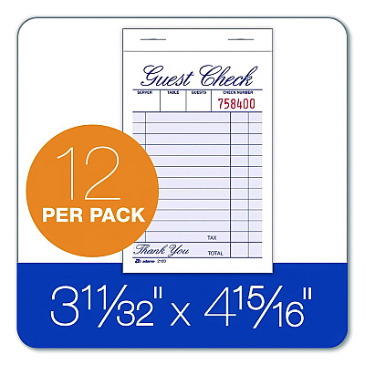 Adams One-Part Guest Check Pad, One-Part (No Copies), 3.35 x 4.94, 100 Forms/Pad, 12 Pads/Pack (210012)