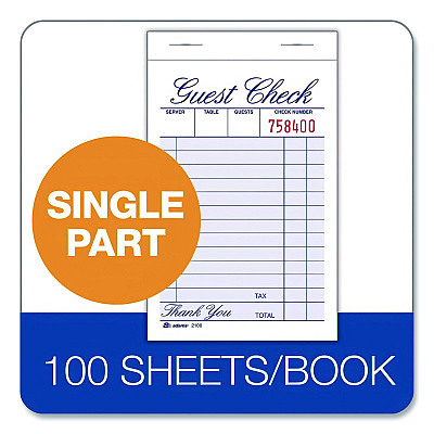 Adams One-Part Guest Check Pad, One-Part (No Copies), 3.35 x 4.94, 100 Forms/Pad, 12 Pads/Pack (210012)